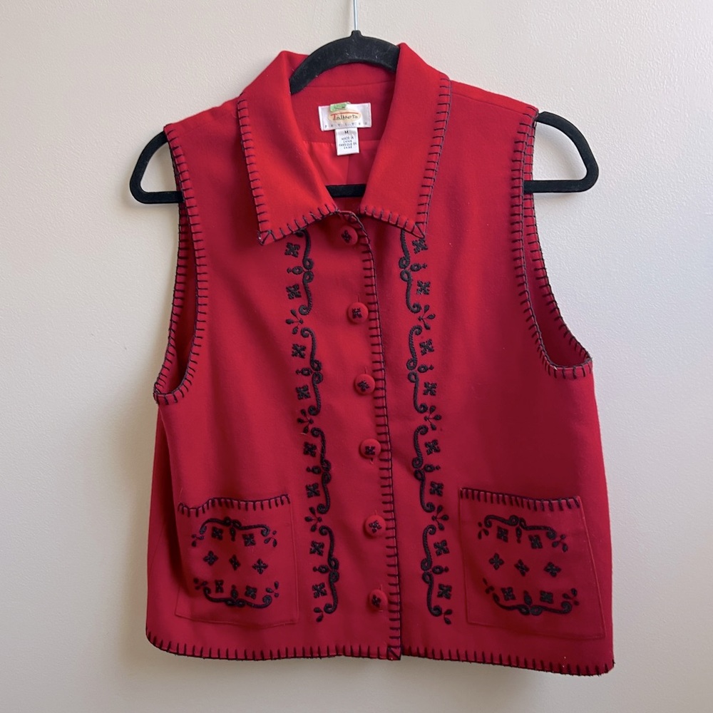 Talbots Red Wool Blend Holiday Vest with Black Stitching/Embroidery Size M